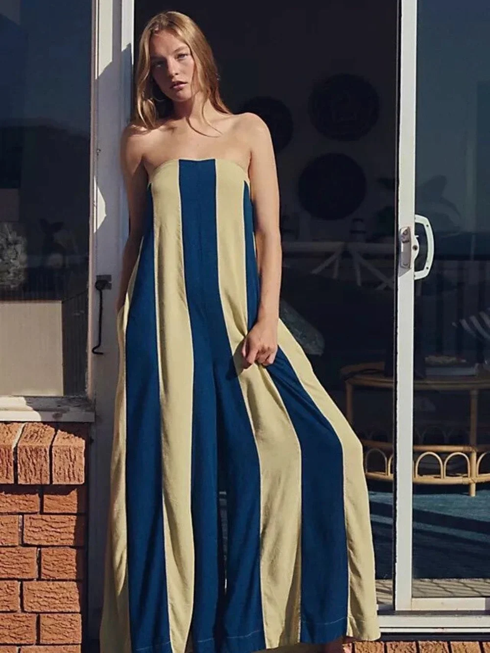 Free People Free-est Eden Jumpsuit Dress Tube Wide Leg Striped Printed S 283398